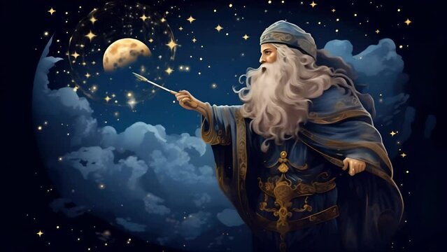 Chors, the Slavic deity of the moon, drifting across a night sky filled with stars and a glowing moon	
