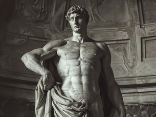 Classical male statue with detailed muscle carving and flowing drapery in heroic pose.