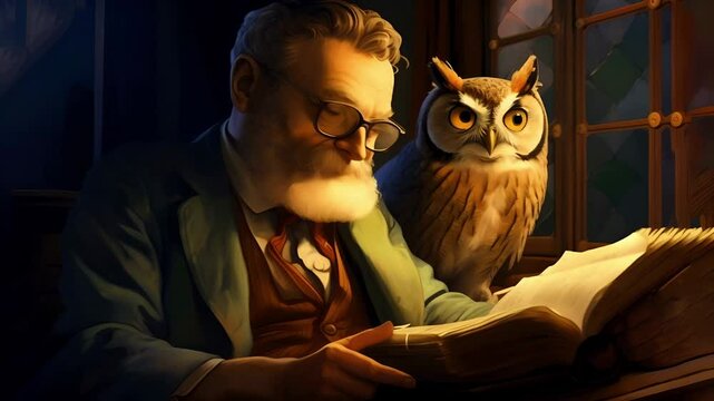 Bespectacled, scholarly-looking elderly man reading a book with his wise-looking owl perched nearby	
