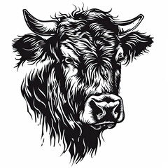 A black and white drawing of a cow 's head