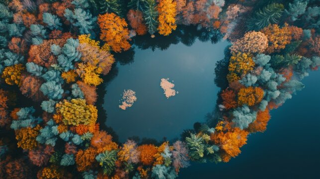 Aerial View of Vibrant Autumn Forest Surrounding a Tranquil Lake for Seasonal Promotion