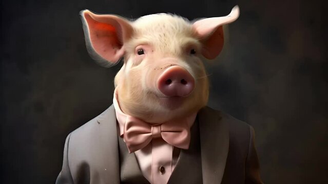 Pig dressed in a dapper suit jacket, striking a pose against a soft pastel backdrop, embodying elegance and sophistication