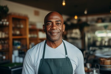 Obraz premium Portrait of a middle aged African American male barista smiling in modern cafe