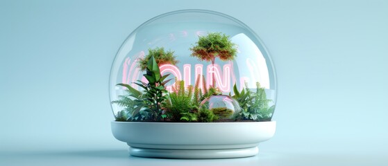 Beautiful terrarium with lush green plants inside a glass dome and neon lighting, isolated on a light blue background.