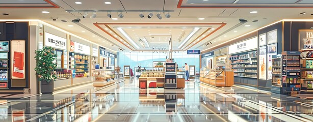 Duty-free shop with displays in a vibrant illustration style and clear content areas
