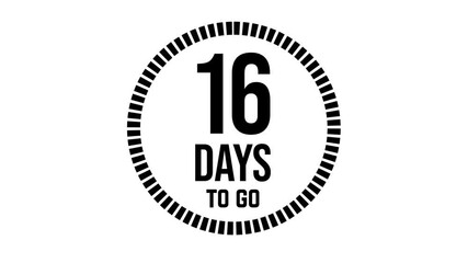 16 days to go, 16 days count 2D animation, motion graphics running numbers counting days, 16 days in a month, sixteen days left, 4K HD video with black text Transparent video alpha channel.