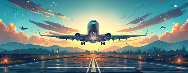 Runway with airplanes taking off and landing in a dynamic illustration style and clear areas for text