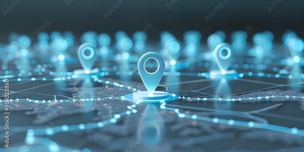 Poster digital map with location pins representing global network connectivity in a connected world. concep