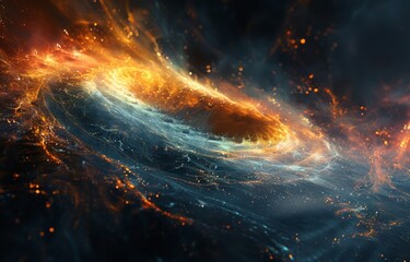 Fototapeta premium Swirling black vortex with colorful lines moving right, creating a dynamic and chaotic composition. Blue, green, and orange hues add vibrancy.