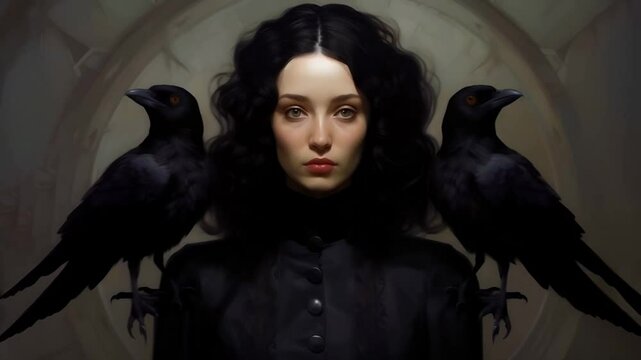 A Mystical illustration of a female witch with a black wild raven sitting on his shoulder