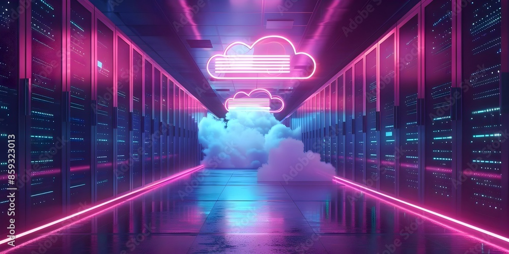 Poster neon-colored cyber space a modern data center powered by cloud technology. concept technology, data 