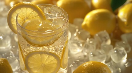 Refreshing ice-cold lemon water in a glass with lemon slices and ice cubes, surrounded by fresh yellow lemons.