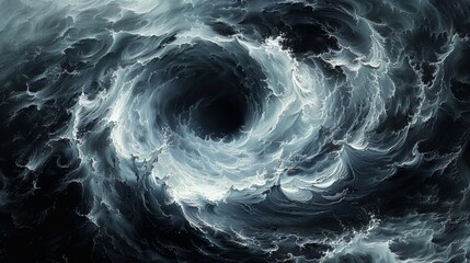 Abstract black and white whirlpool, intricate swirling patterns evoke strong sense of motion and energy.