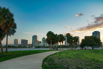 Pathway leading to the city of St. Petersburg in the evening