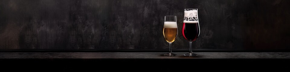 Elegant Wine Glass and Beer Bottle on Black Background, Generated by AI.