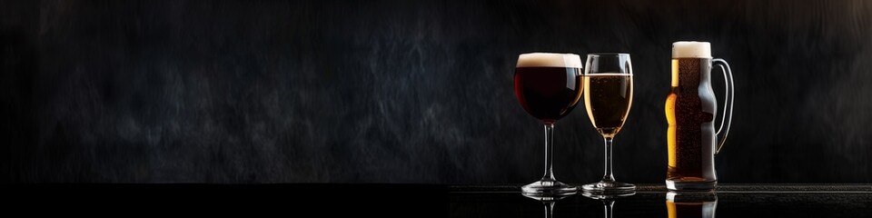 Elegant Wine Glass and Beer Bottle on Black Background, Generated by AI.