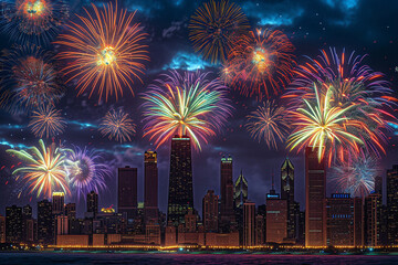 Chicago skyline at night with fireworks exploding in the sky, colorful bursts illuminating the buildings