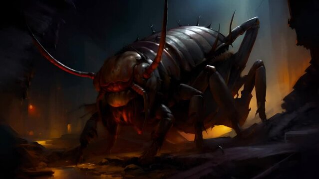 A giant scary frightening cockroach crawls along a dark street scaring people	
