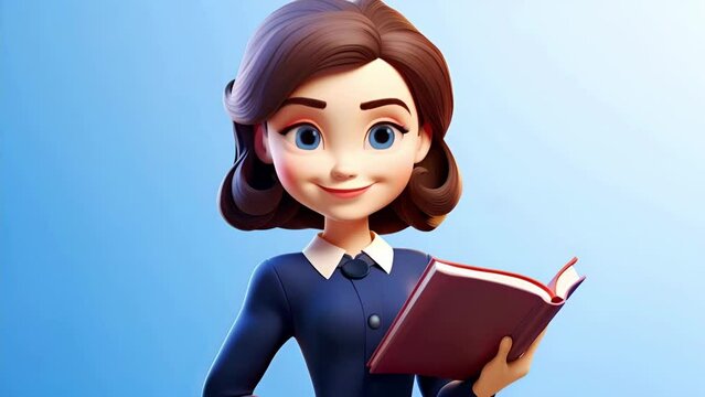 Happy young female teacher character in glasses, holding a book and a pointer