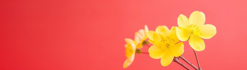 Fototapeta premium Close-up of vibrant yellow flowers against a bold red background, showcasing beauty and contrast in nature's simple elegance.