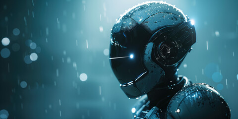 Fototapeta premium Closeup of a robot head on a blurred background with lights. Sci-Fi futuristic background. Created with Generative AI technology.