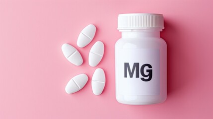 Bottle of magnesium pills on pink background