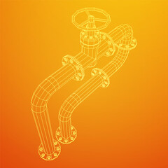 Oil pipeline with valve. Petrol production. Petroleum fuel industry transportation line. Wireframe low poly mesh vector illustration