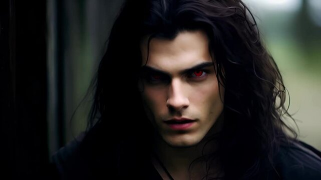 Sexy young male vampire with long hair walks through the city at night	
