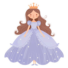 Fototapeta premium Cute fabulous girl princess in a lush lilac dress and crown, baby print.Simple cartoon flat illustration on transparent background PNG
