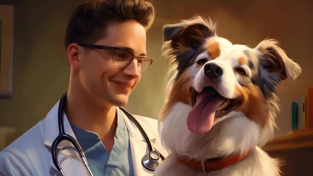Young male veterinarian doctor examining a large fluffy dog in a clinic office
