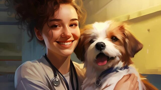Portrait illustration of a delighted pet owner, thanking the veterinarian for care and attention on Veterinary Day.	
