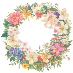 Obraz premium Beautiful floral wreath with colorful flowers and green leaves arranged in a circle. Perfect for invitations, cards, and decorations.