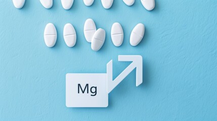 Medical pills of magnesium on blue background. Nutritional supplement concept. Top view