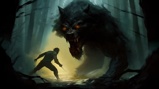 Brave hero fights against a terrible scary werewolf in the night foggy forest	
