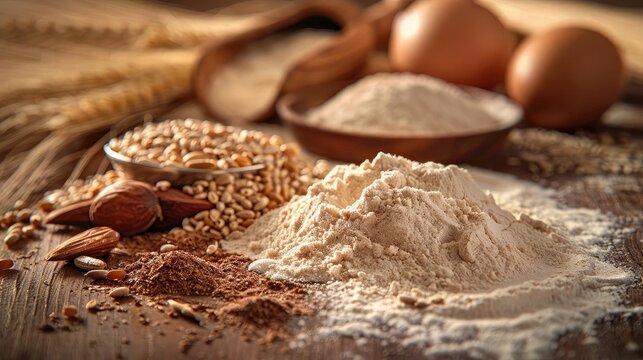 Assorted baking ingredients on a wooden surface, featuring flour, eggs, grains, and nuts. Perfect for baking and cooking themes.