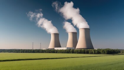 A power plant with three large cooling towers emitting steam, set against a backdrop of lush greenery