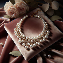 Luxurious Pearl Necklace: Timeless Elegance on Satin with Roses