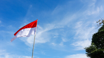 Indonesian flag with bamboo stick fluttering in strong gusts of wind against sunny blue cloudy sky with tree.