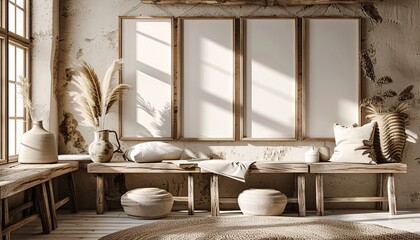 Mockup of blank wooden frames displayed on the wall.