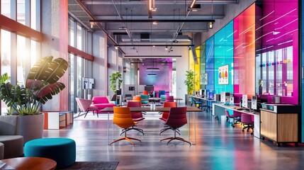 Bright, modern office space with colorful walls and workstations