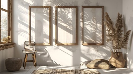 Mockup of blank wooden frames displayed on the wall.
