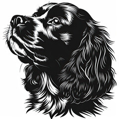 A black and white drawing of a Cavalier King Charles Spaniel dog