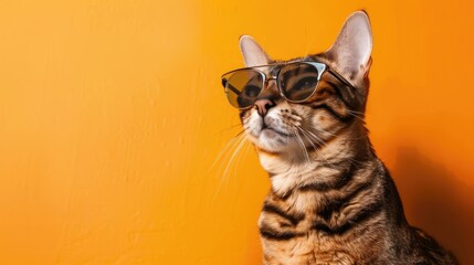 Stylish Bengal cat wearing sunglasses on orange backdrop closeup Text space available