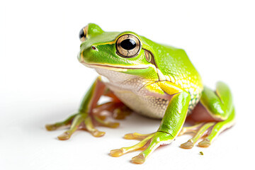 a green frog sitting on top of a white surface