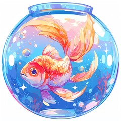Naklejka premium Colorful illustration of a goldfish swimming in a round fishbowl with bright, vibrant underwater scenery.