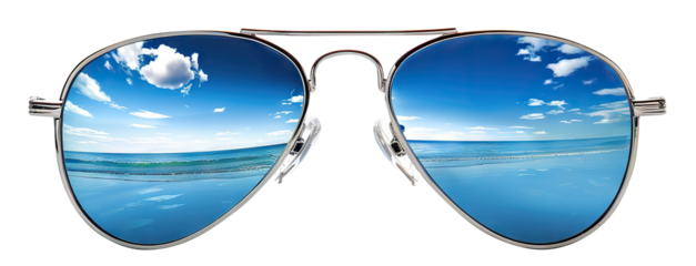 Stylish aviator sunglasses reflecting a tropical beach scene, cut out