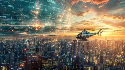 A futuristic helicopter flies over a city at sunset