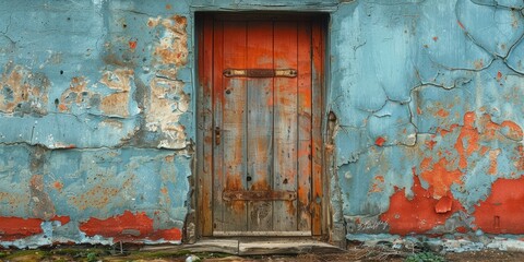 Naklejka premium Old, Weathered Wooden Door on a Peeling Wall