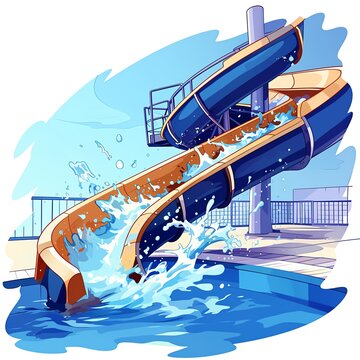 Colorful waterslide at a water park making a big splash into the pool under a clear blue sky.