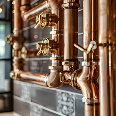 Close-up of shiny copper pipes installed in an industrial plant.